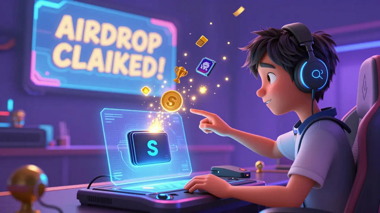 A gamer connects a wallet to a holographic portal as SPWN tokens flow in with esports-themed confetti.