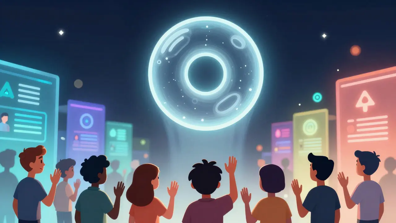 A ghostly BAGEL token floats above users reaching for it, while active DeFi projects glow brightly in the background.