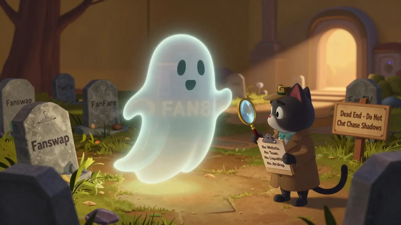 A ghostly FAN8 token floats over a crypto graveyard as a detective cat uncovers it has no website, team, or value.