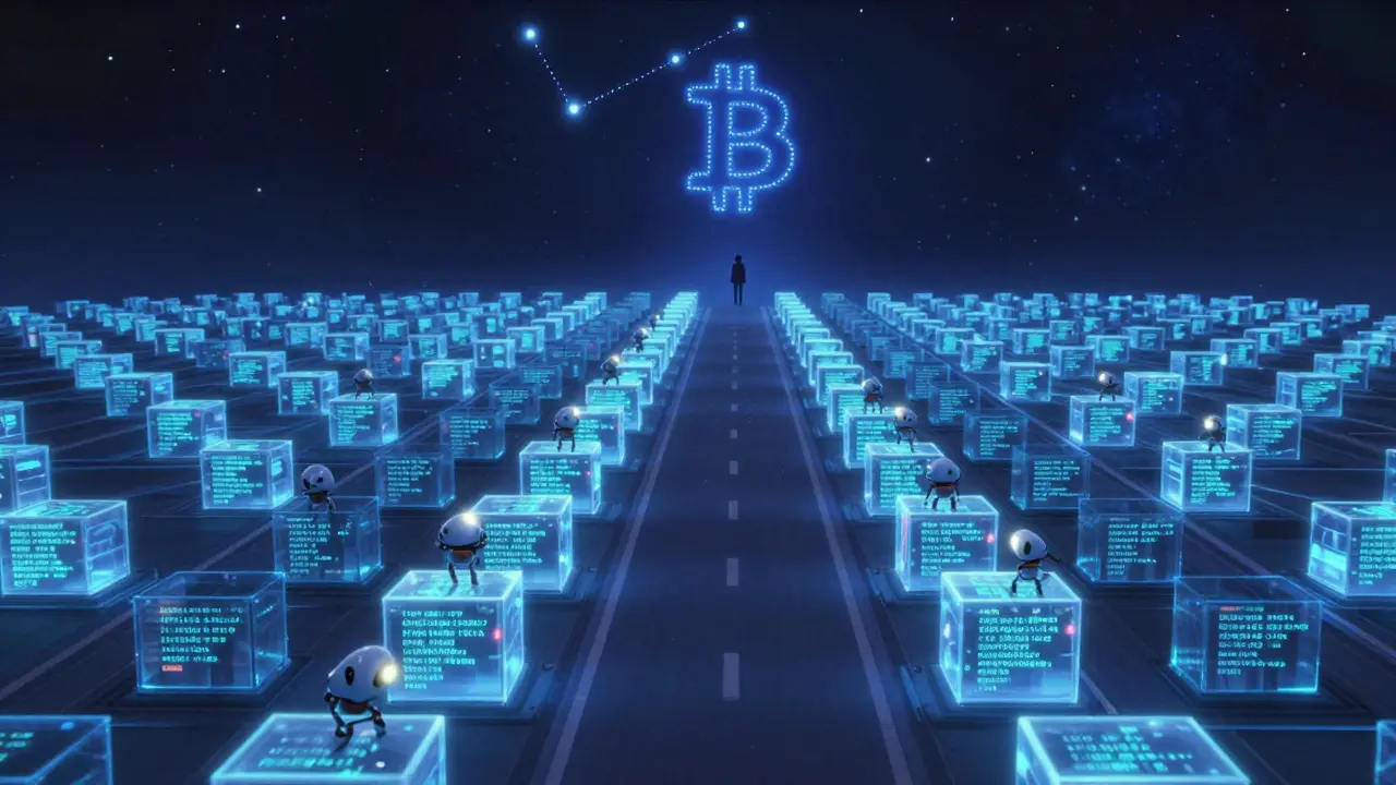 A glowing blockchain highway stretches across the night sky with miner robots climbing it, as a Bitcoin star constellation shines above.