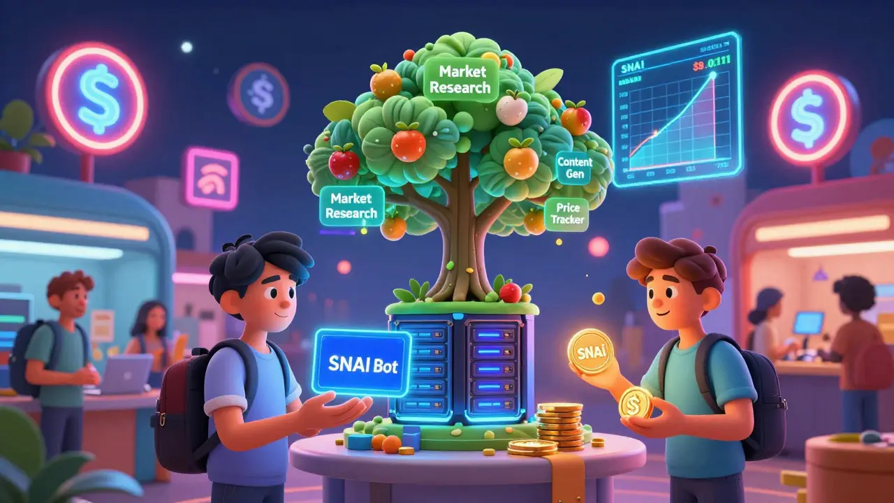 A lively AI marketplace at night with developers trading templates, a glowing SNAI tree, and price chart hologram.