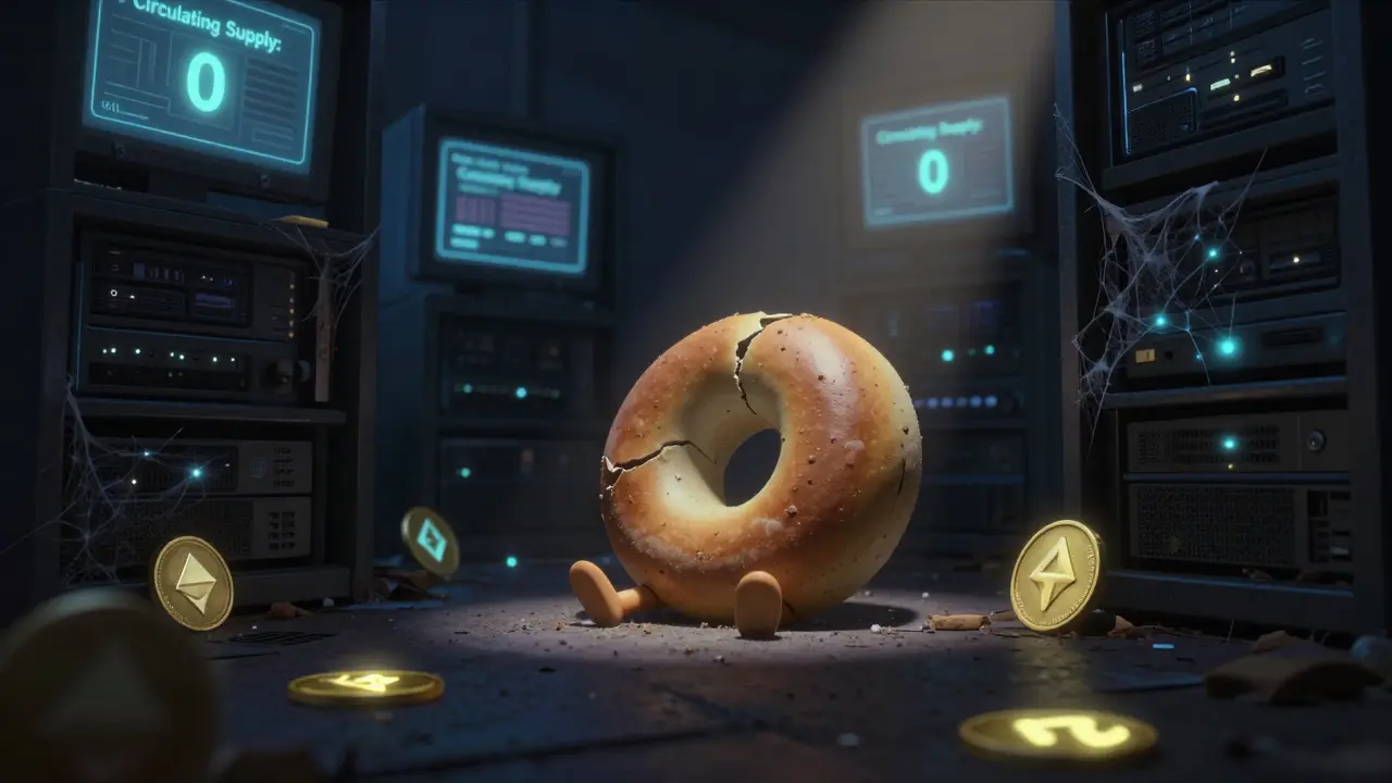 A lone BAGEL token sits abandoned on a dark server rack with &#039;Circulating Supply: 0&#039; on flickering screens.
