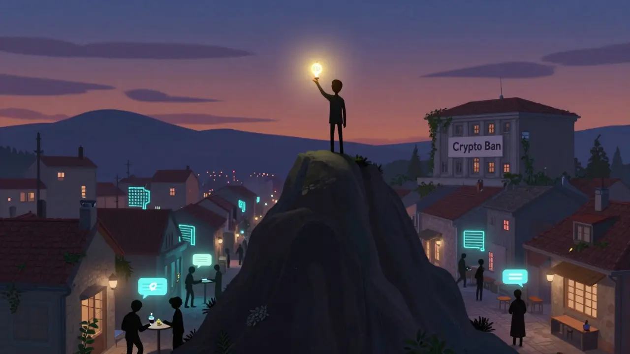 A lone figure holds a glowing crypto wallet as shadowy trades happen below in a city at dusk.