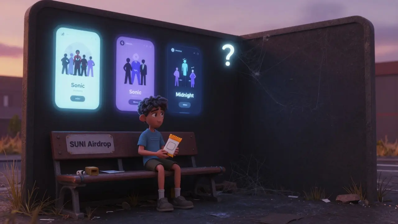 A lone figure sits with an empty token wrapper, while other crypto projects glow brightly nearby.