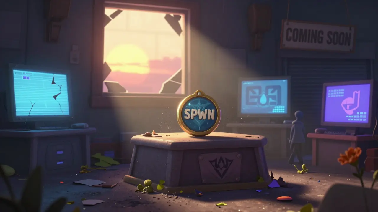 A lone SPWN token sits abandoned on a dusty esports podium under a sunset beam.