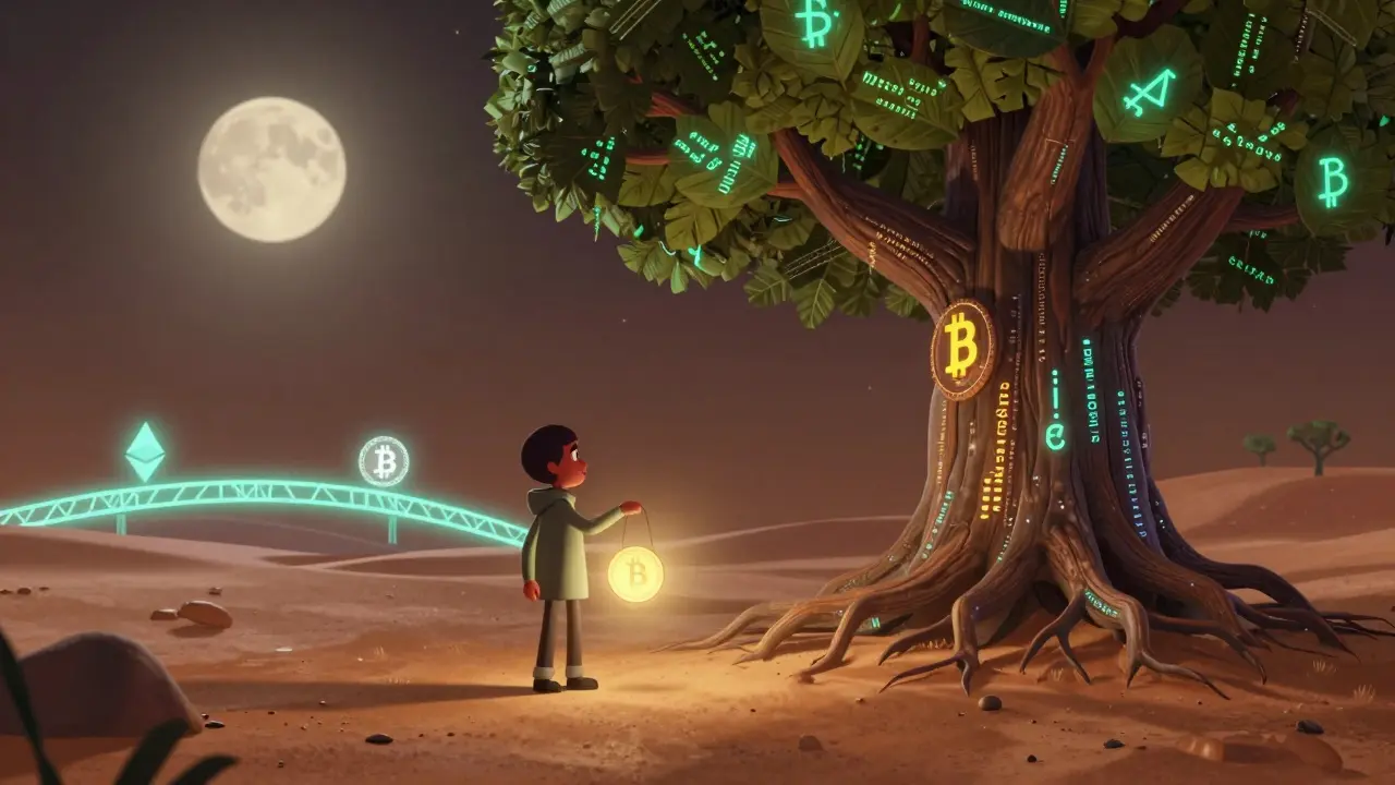 A miner holds a LIQ token like a lantern under a starry sky, beside a blockchain-rooted tree with PSBT leaves.