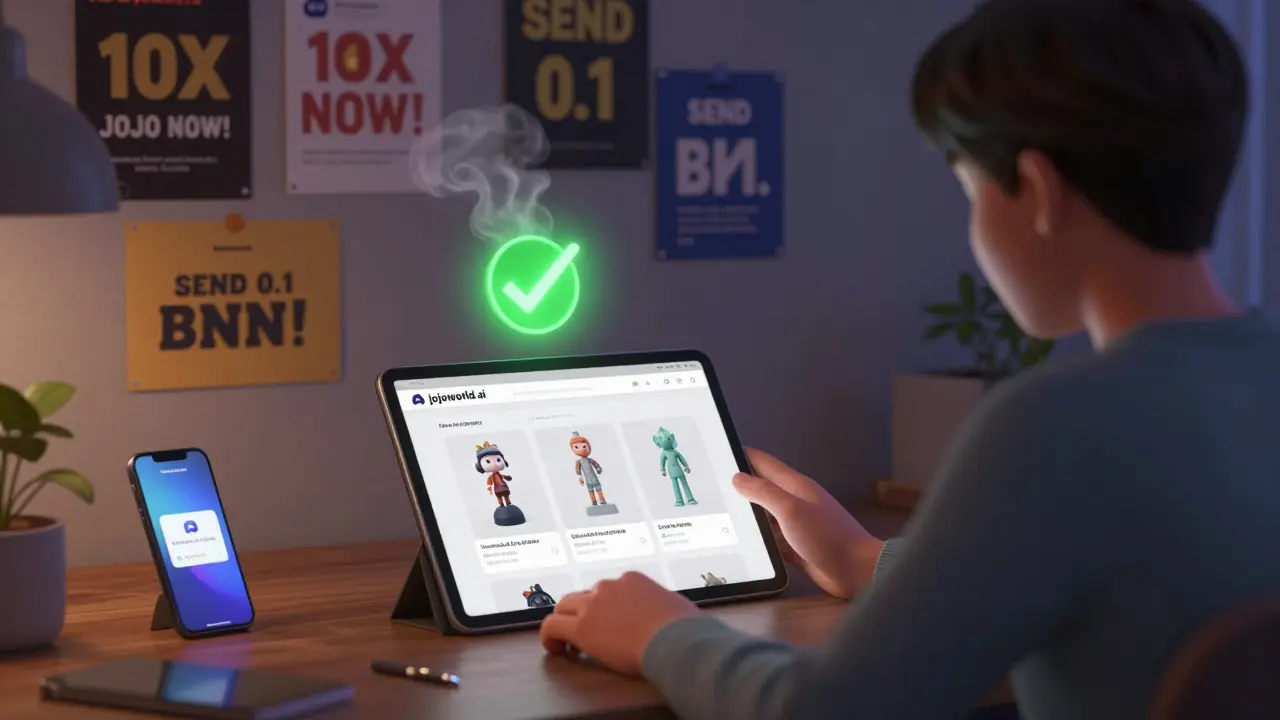 A person calmly uploading a 3D model to jojoworld.ai while fake crypto scams fade away.