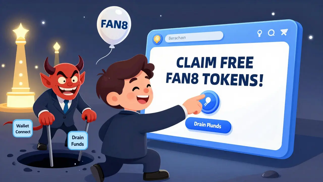 A person clicking a scam FAN8 airdrop button while a cartoon demon drains their funds, with real projects shining nearby.