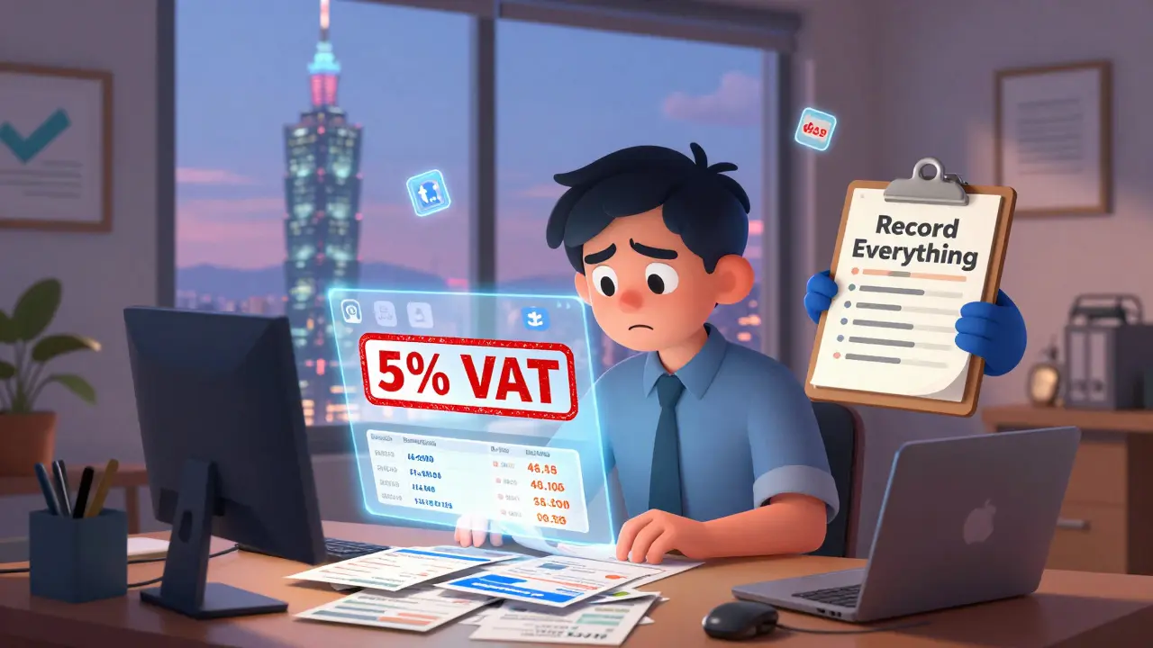 A person surrounded by floating crypto transaction records and a tax agent offering a ledger in a Taipei apartment.