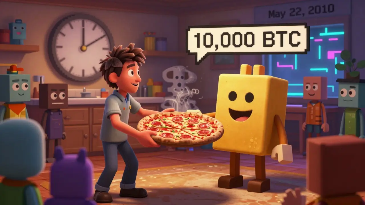 A programmer gives two pizzas to a friendly Bitcoin character as digital onlookers watch in a cozy room.