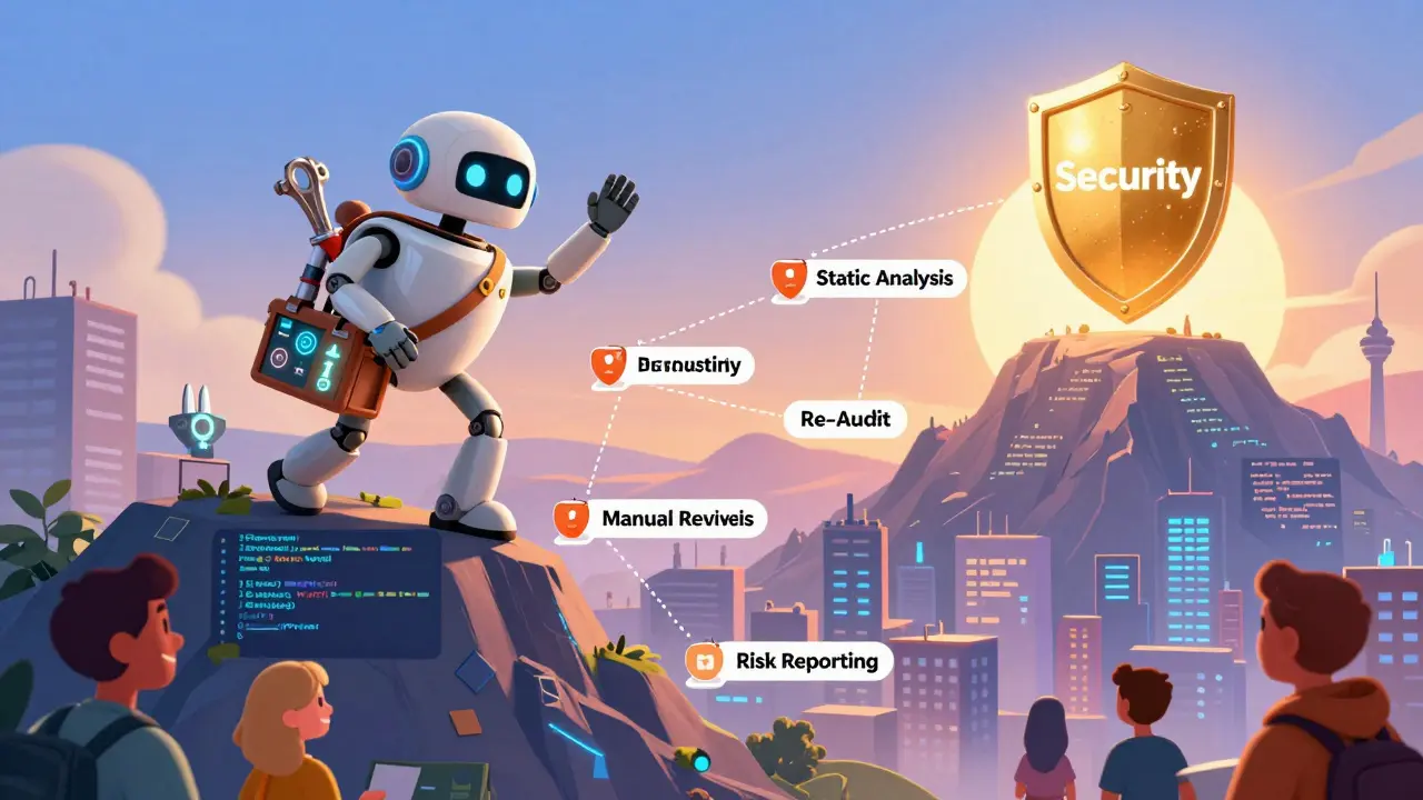 A robot auditor climbs a code mountain through five audit steps toward a security shield.