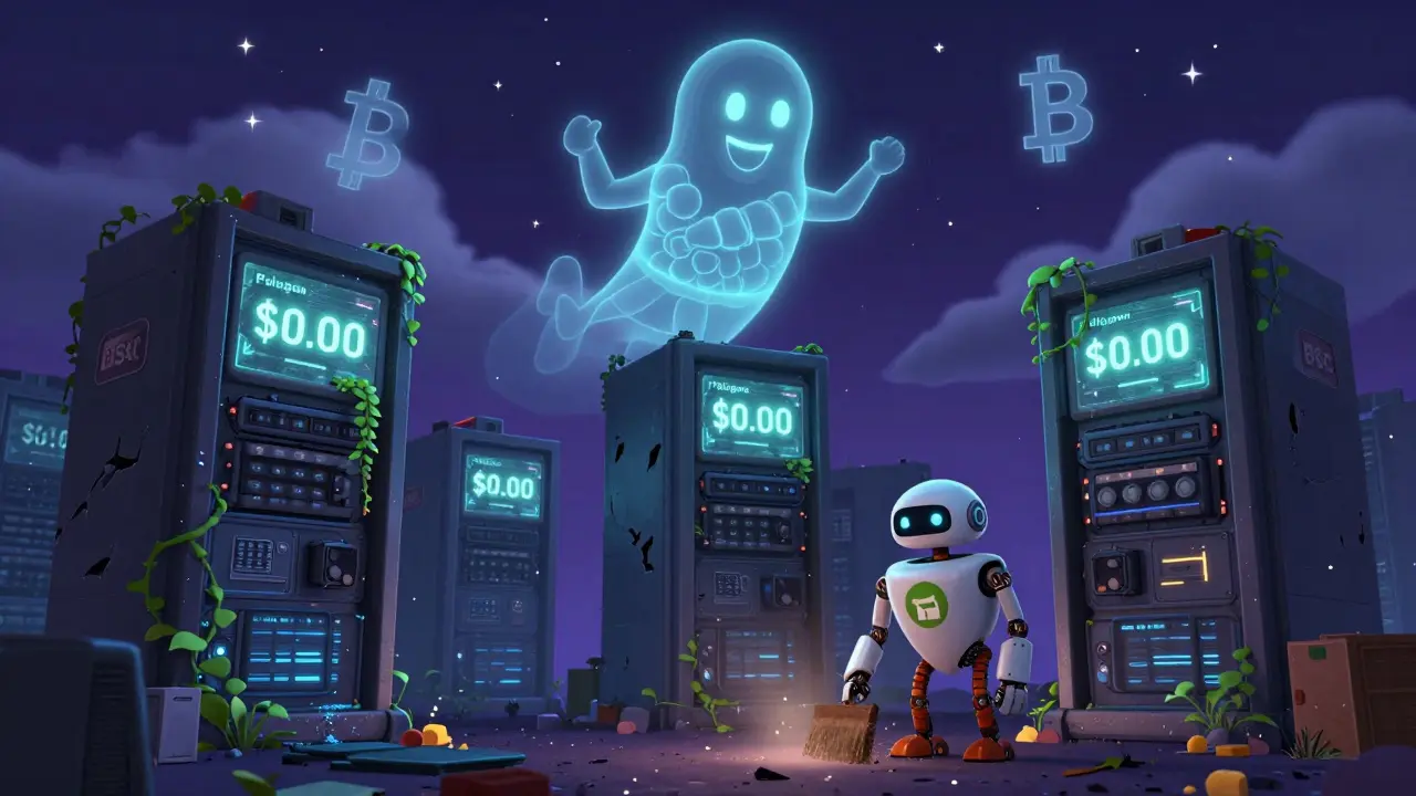 A robot sweeping digital dust in a crumbling server farm, with holograms of a vanished team fading into the sky.