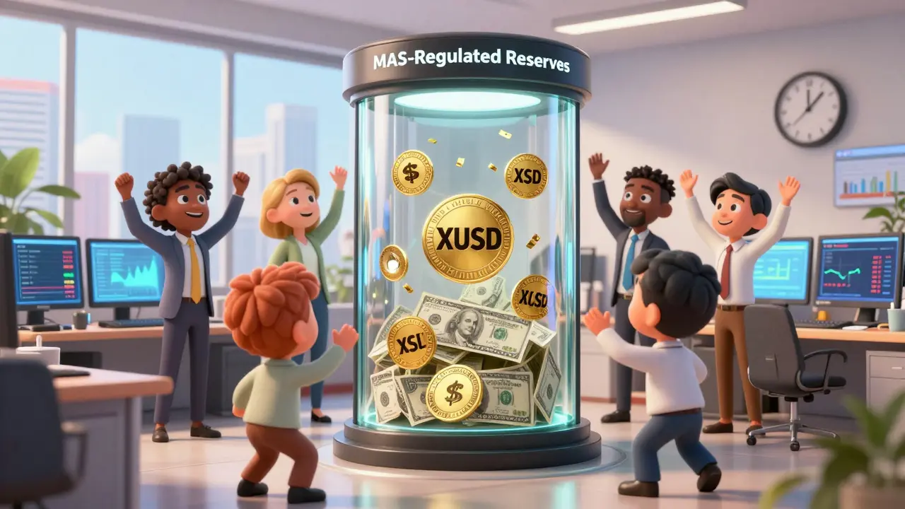 A team in a Singapore office celebrates as XUSD tokens convert to real U.S. dollars in a secure vault.