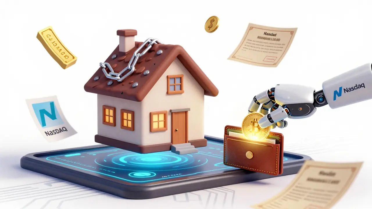 A tokenized house transfers from a stock certificate to a blockchain wallet.