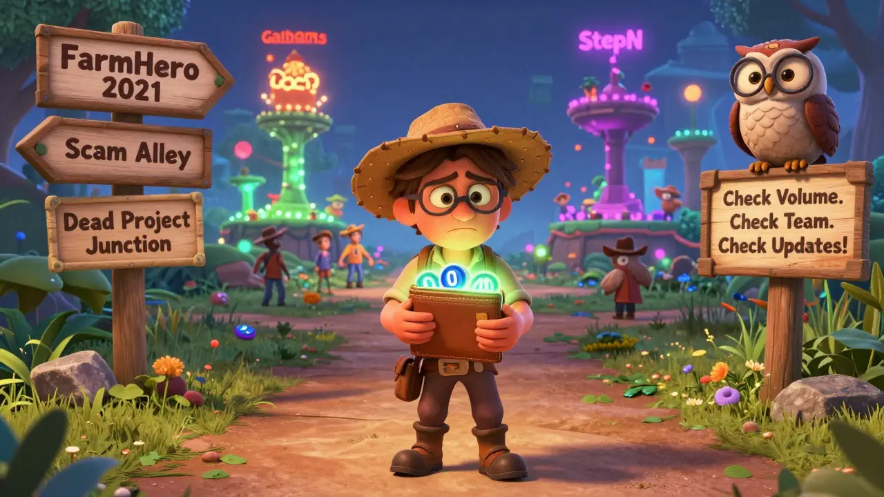 A traveler holding worthless tokens at a crossroads marked &#039;Dead Project&#039;, while lively game worlds shine in the distance.