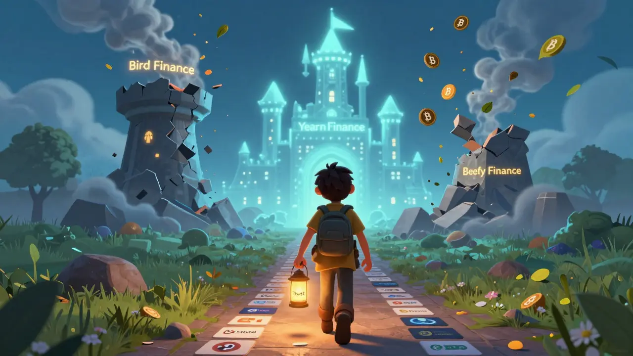 A traveler walks toward safe DeFi projects as a fake one crumbles behind them.