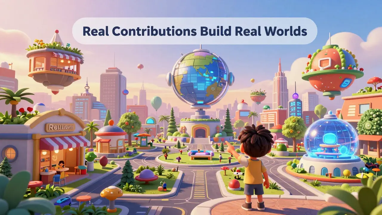 A vibrant metaverse city built from user-uploaded 3D assets under a sunrise sky.