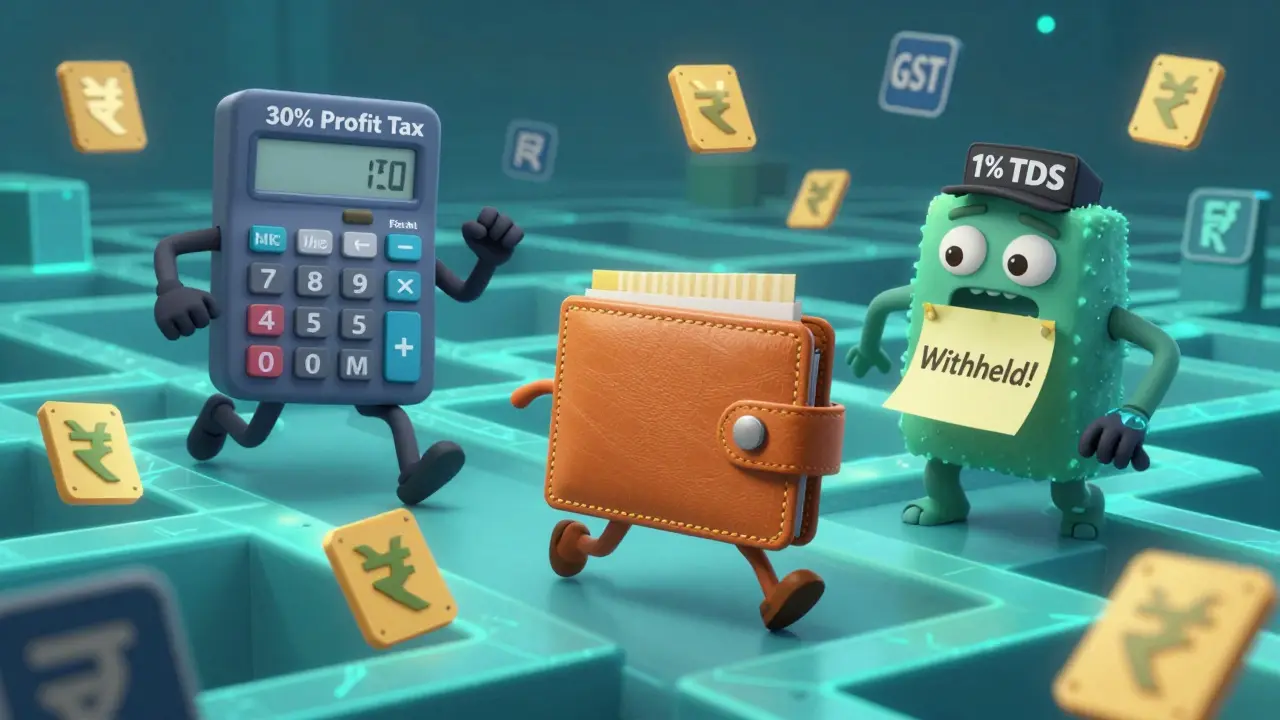 A wallet being chased by tax monsters labeled 30% and 1% TDS in a blockchain maze.