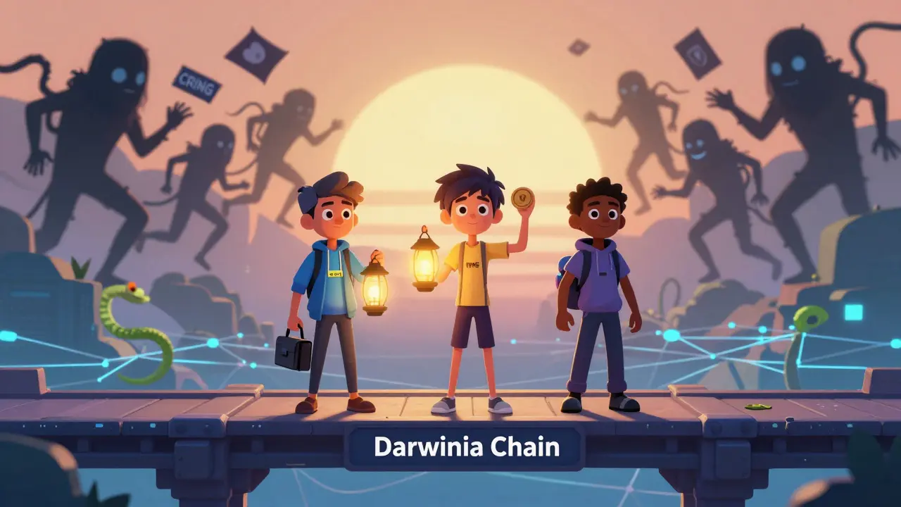 Characters stand safely on a secure bridge as scam figures flee into darkness, holding RING tokens like lights.