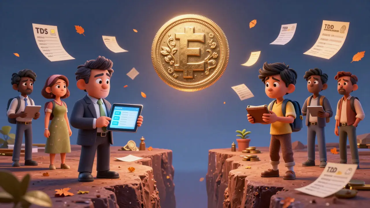 Crypto users divided by a chasm, one wealthy and calm, the other overwhelmed, with e-Rupee looming.