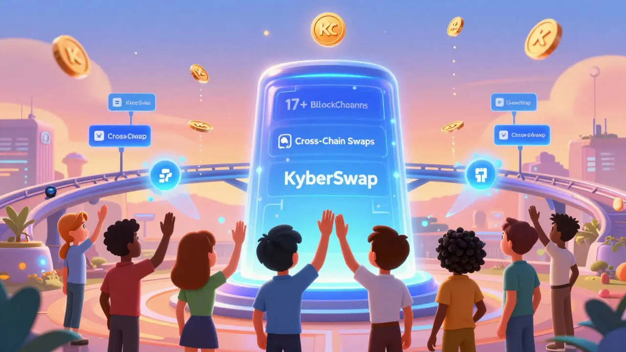 Diverse DeFi users celebrating around a glowing KyberSwap hub with blockchain bridges.