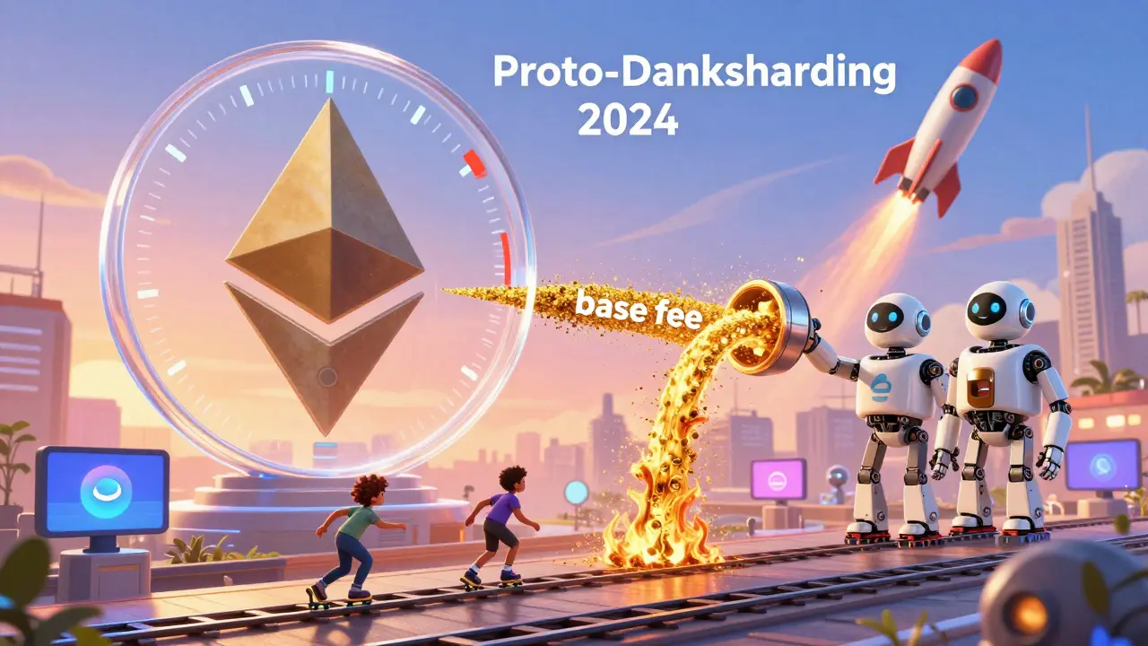 Ethereum network with gas fees splitting into burned dust and validator tips, users on low-fee rails below.