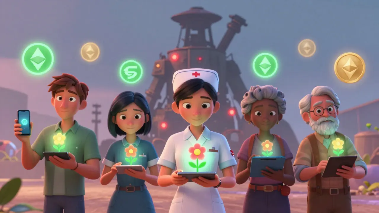 Everyday people earning staking rewards on their phones as mining equipment fades away.