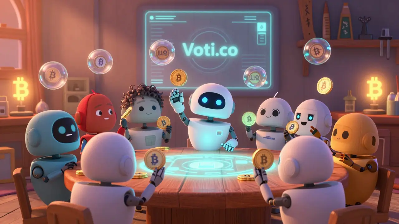 Friendly robots voting on a glowing interface, with shimmering sLIQ tokens above them in a cozy workshop.