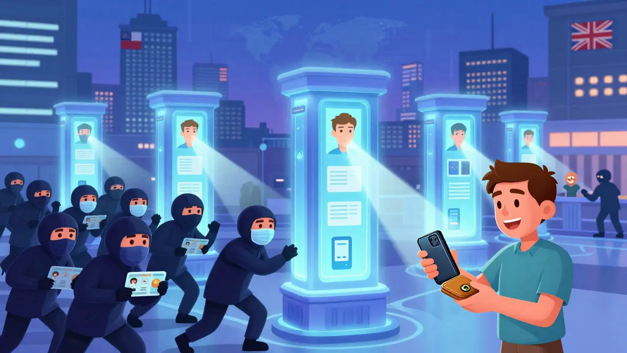 Futuristic crypto verification towers blocking fraudsters, while one user safely uses a private wallet.