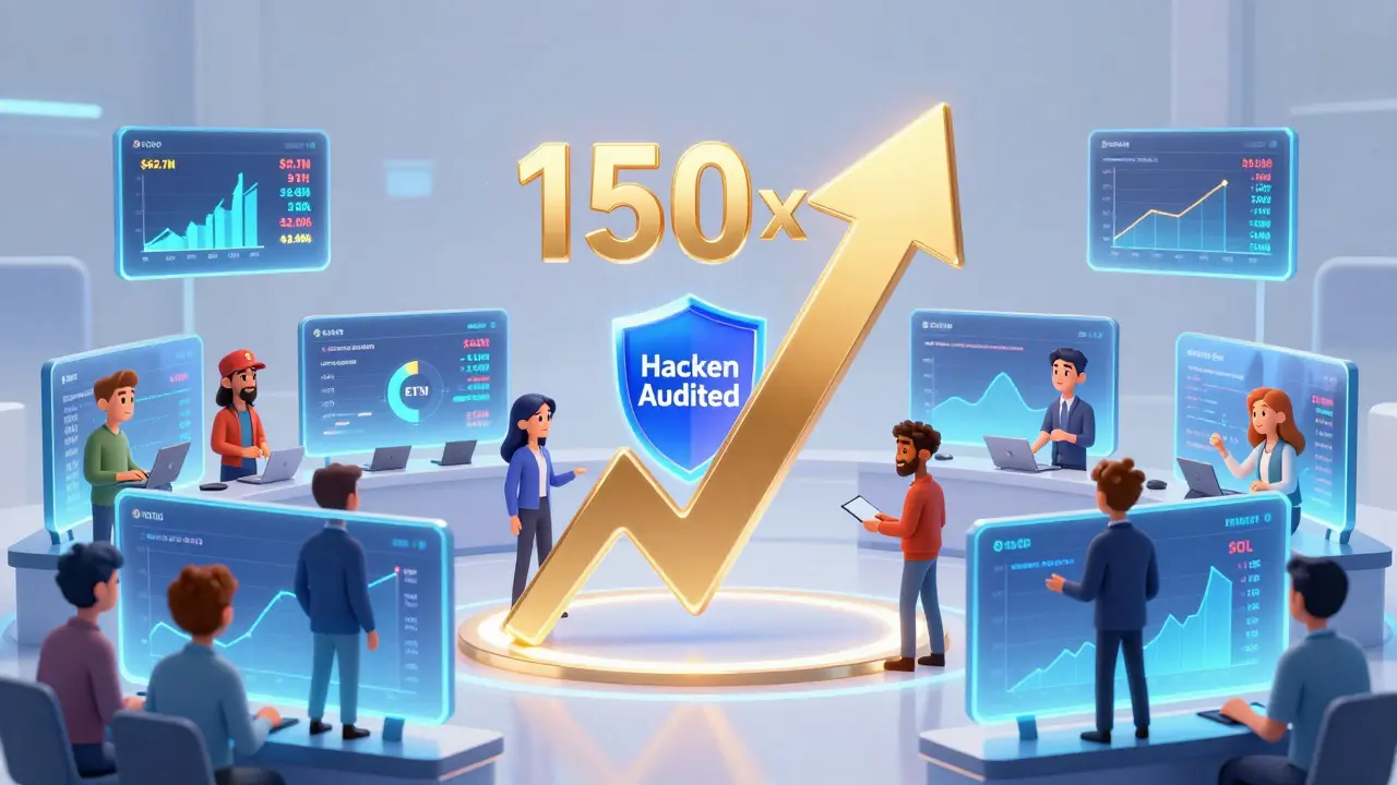 Global traders on a futuristic floor with high liquidity charts and a 150x leverage arrow.