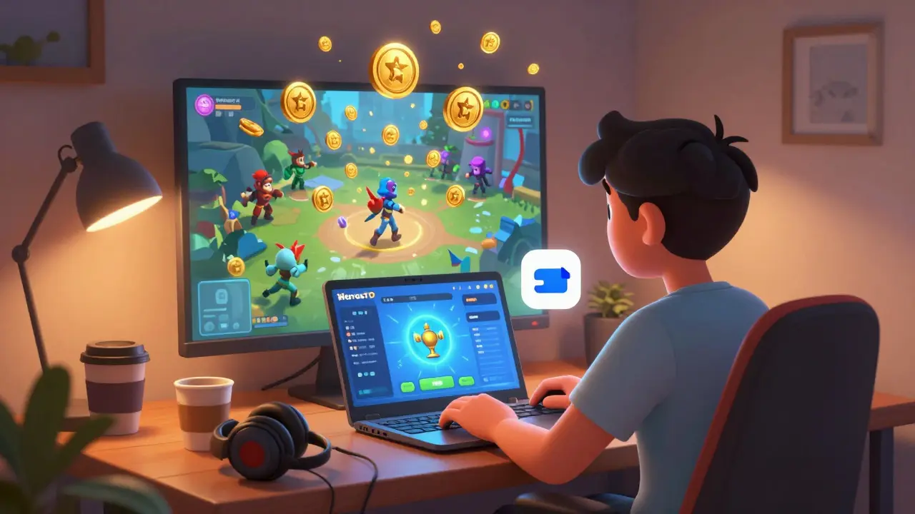 Player gaming with HeroesTD on laptop as digital tokens turn into heroes.