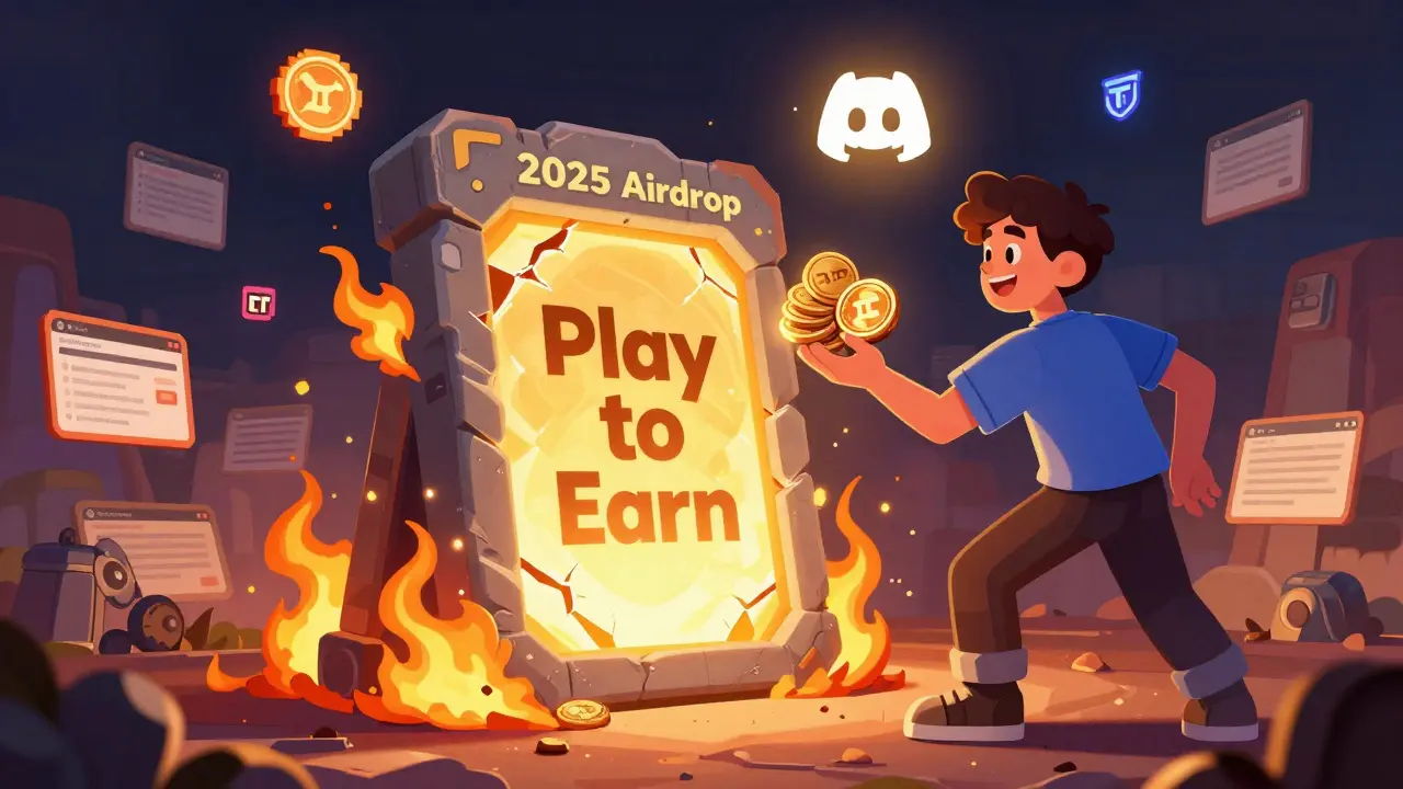 Player reaching toward a safe 2025 airdrop portal while scam sites burn.