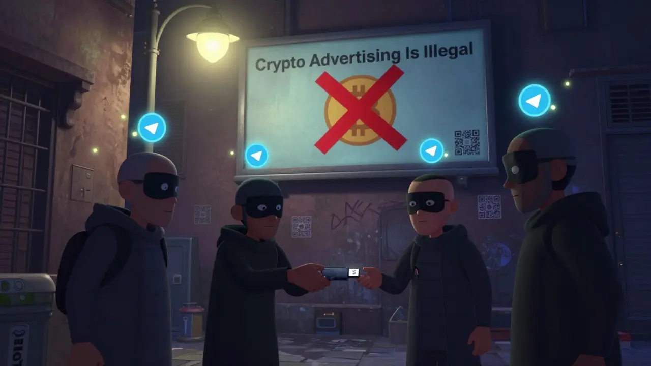 Secret crypto traders exchange a USB drive in a Tehran alley, avoiding government surveillance.