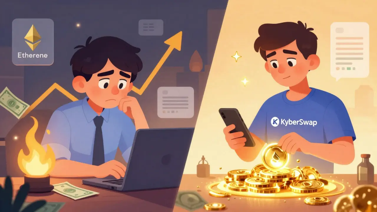 Split scene: frustrated trader with burning gas fees vs. calm trader with smooth Scroll swaps.