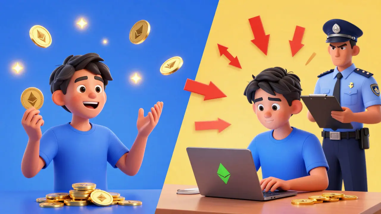 Split scene: one side shows tax-free staking on a licensed platform, the other shows taxable DEX trades with warning signs.