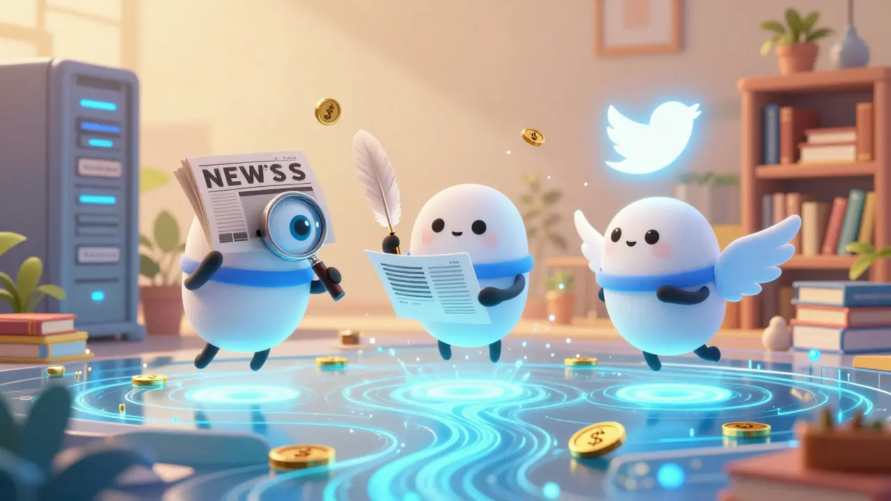 Three AI agents collaborate in a swarm—scanning, writing, and posting—to a shared data river with SNAI coins sparkling.