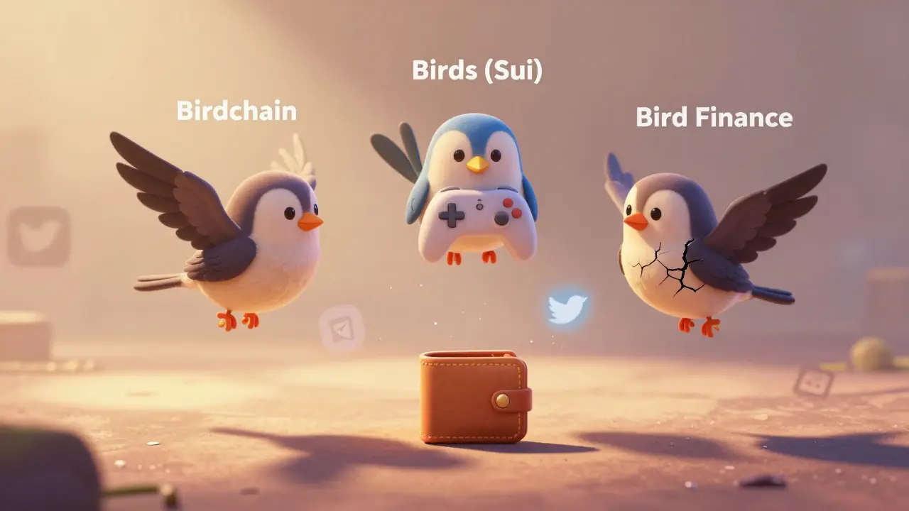 Three different BIRD tokens fly away, each tied to a different project, leaving a forgotten wallet behind.
