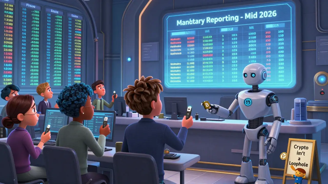 Traders submitting crypto data to a futuristic tax office as a countdown to mandatory reporting appears on screen.