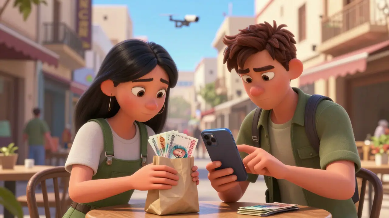 Two friends exchange cash for crypto in a busy café, tension in their expressions.