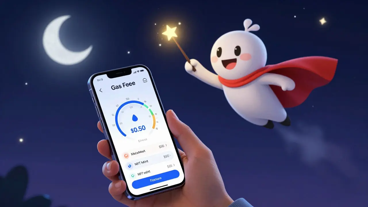 User watching gas fees spike during an NFT mint while a Layer 2 hero lowers the cost with a magic wand.