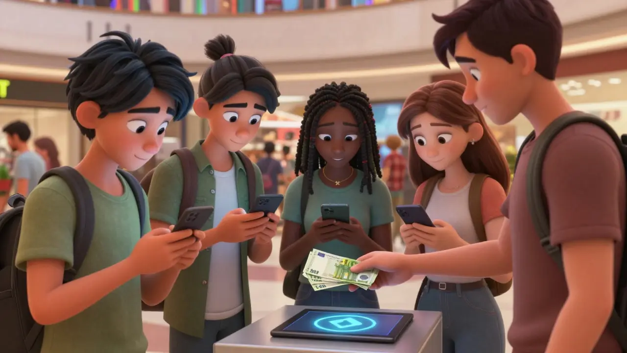 Young traders exchanging cash for crypto in a busy mall, phones glowing with encrypted messages.