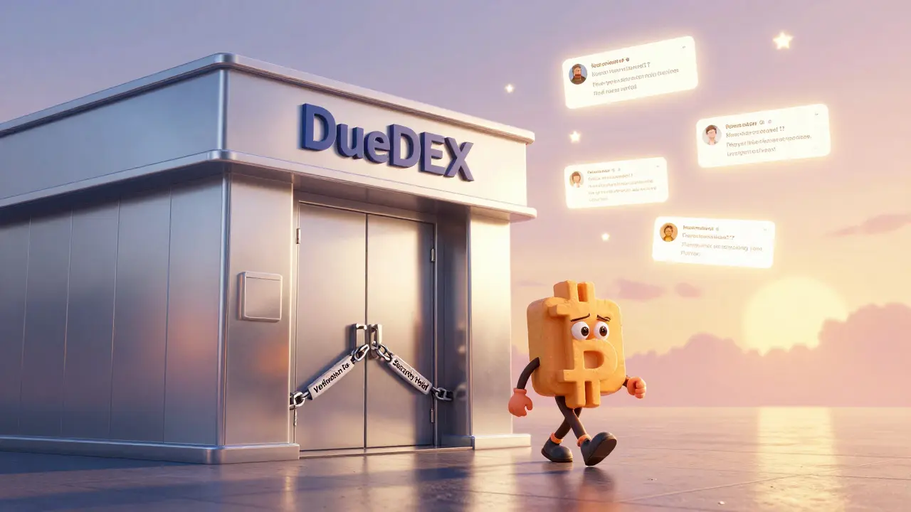 A Bitcoin character is blocked from exiting DueDEX by chains labeled 'Verification Fee' as fake testimonials float above.