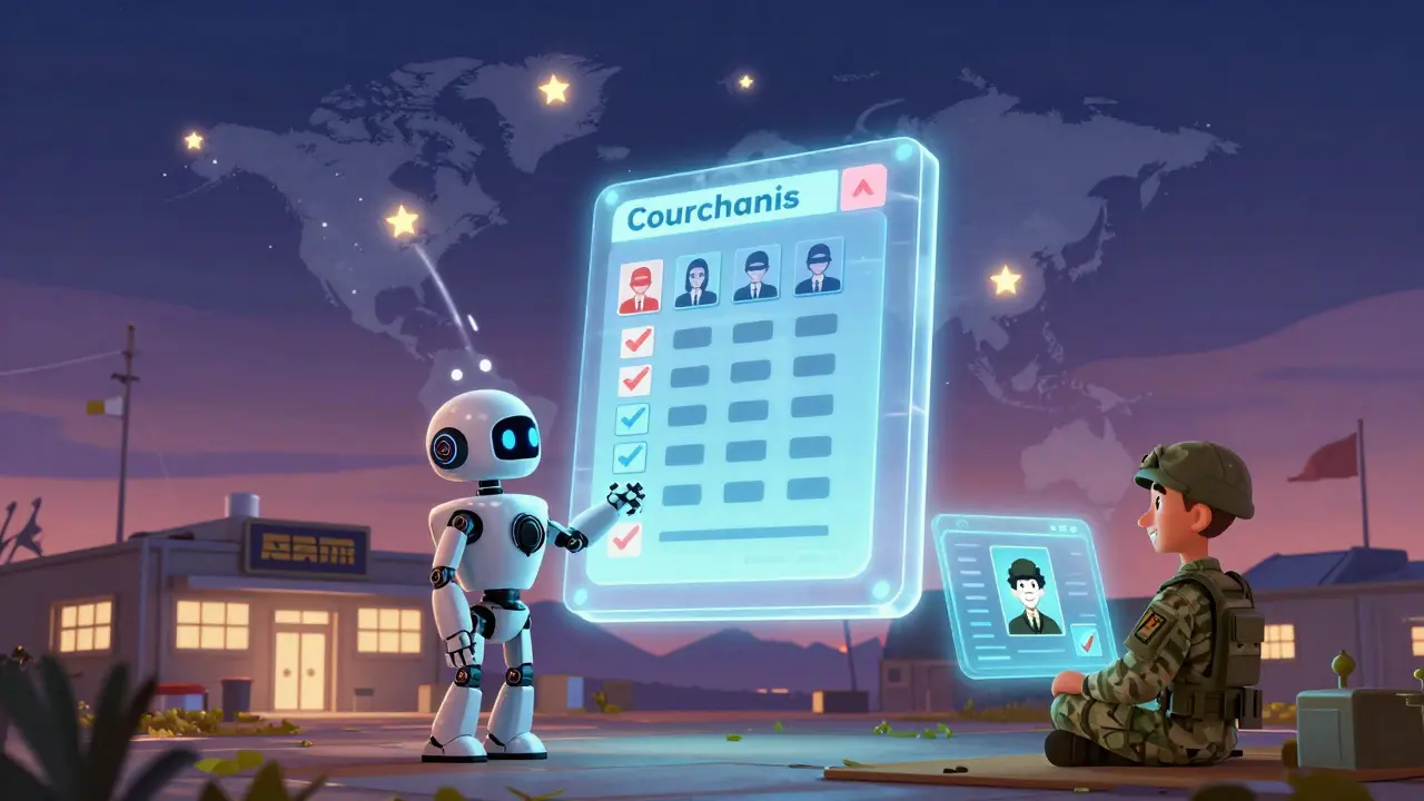 A blockchain ledger above a military base counting votes from around the world as animated tokens stream in.