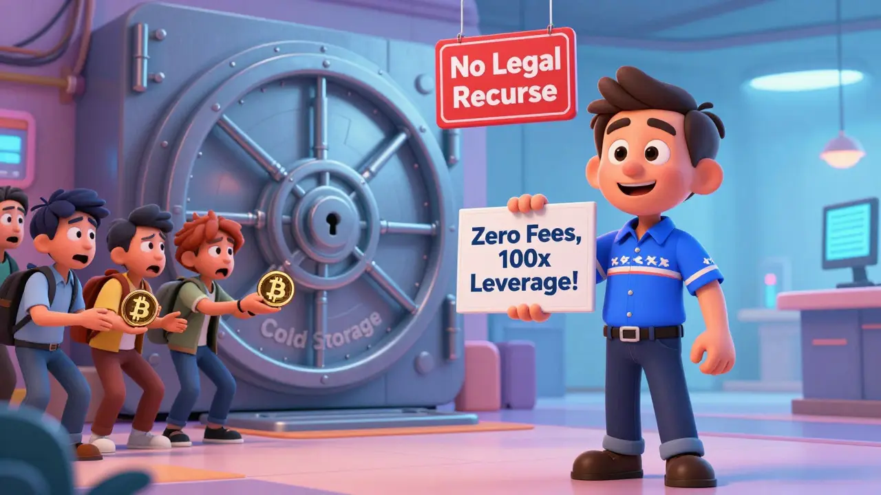 A cartoon CEO offers zero fees and high leverage while traders deposit Bitcoin into a locked vault with no key.