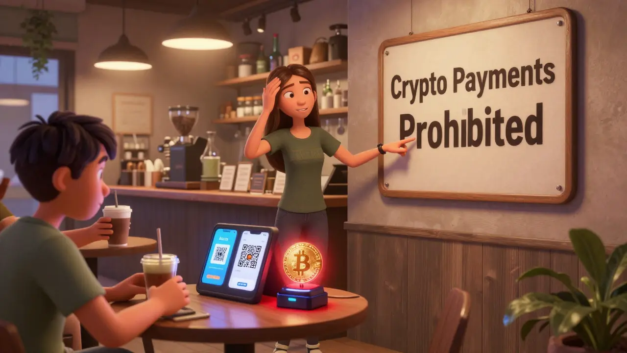 A coffee shop customer attempts to pay with Bitcoin as others use legal digital wallets, under a prohibited sign.