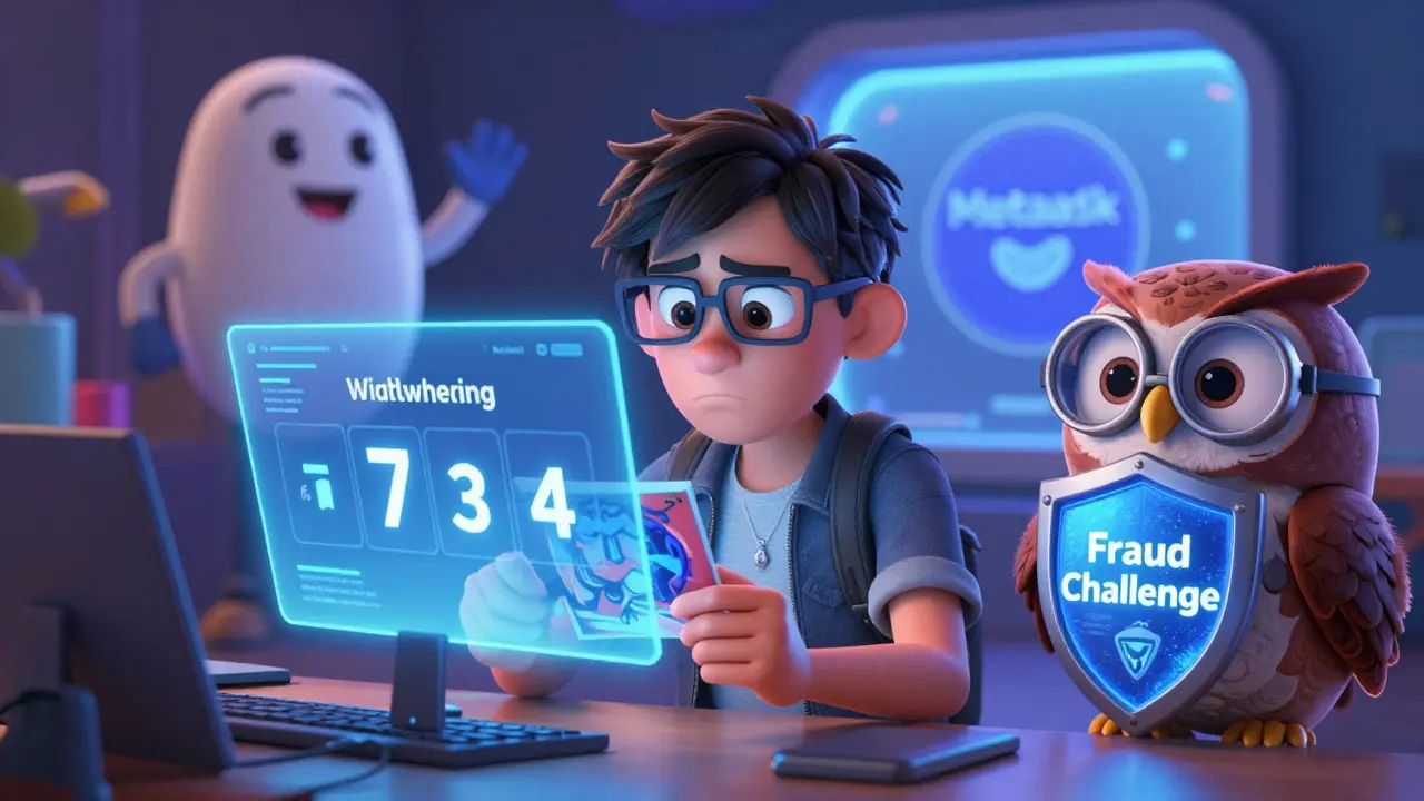 A collector watches a 7-day withdrawal timer while a validator owl protects the system from fraud.