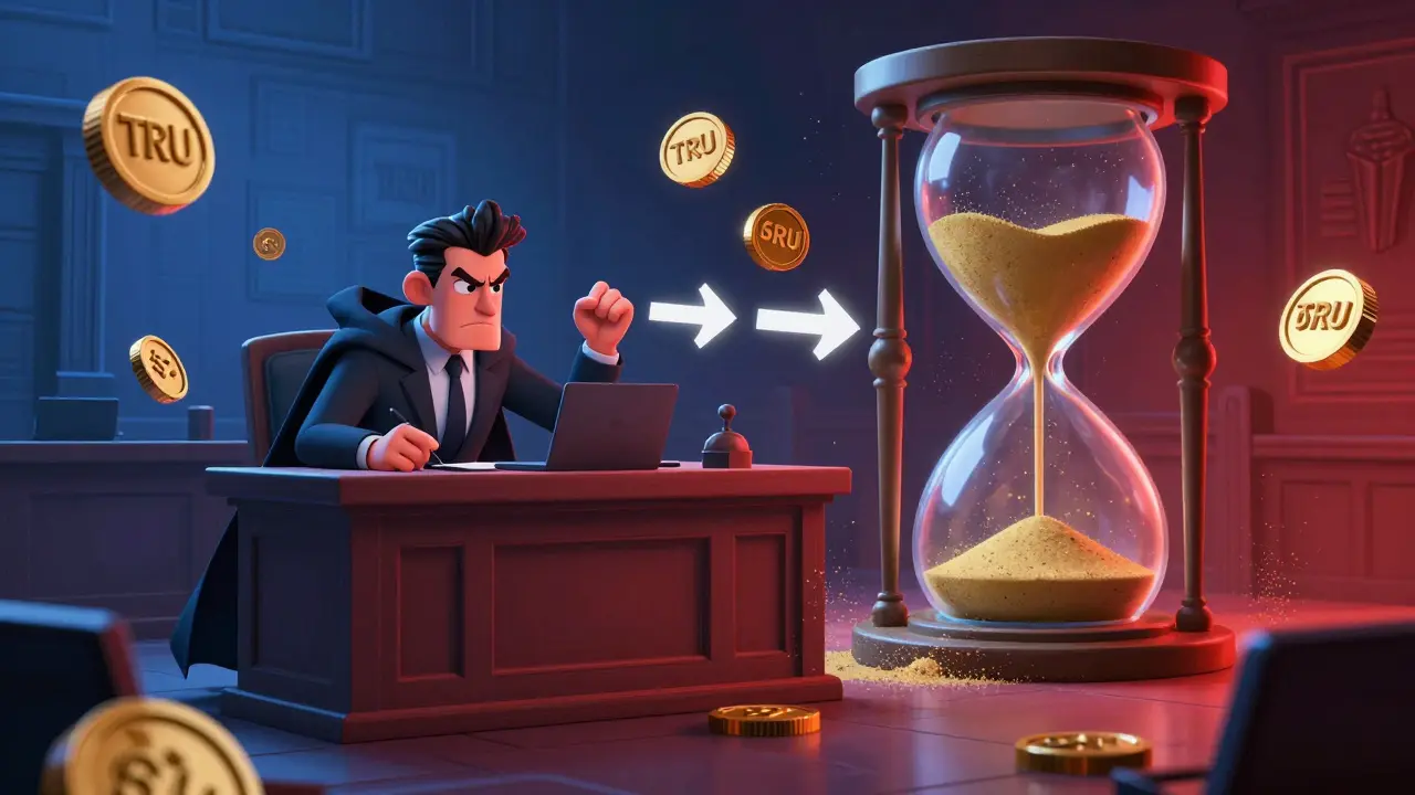 A courtroom inside a blockchain where a verifier challenges a solver, with TRU tokens and a ticking hourglass.