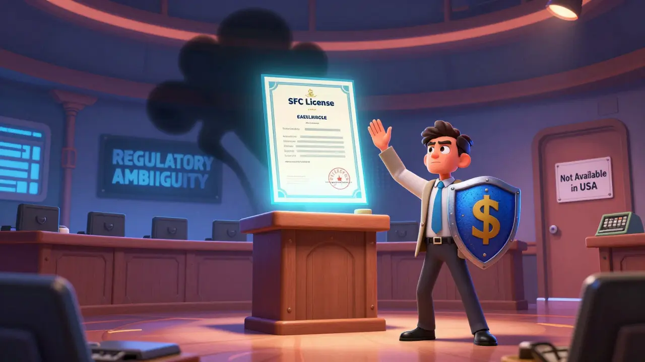 A courtroom scene with a Hong Kong SFC license and a shadowy regulatory cloud, as an investor holds up a B insurance shield.