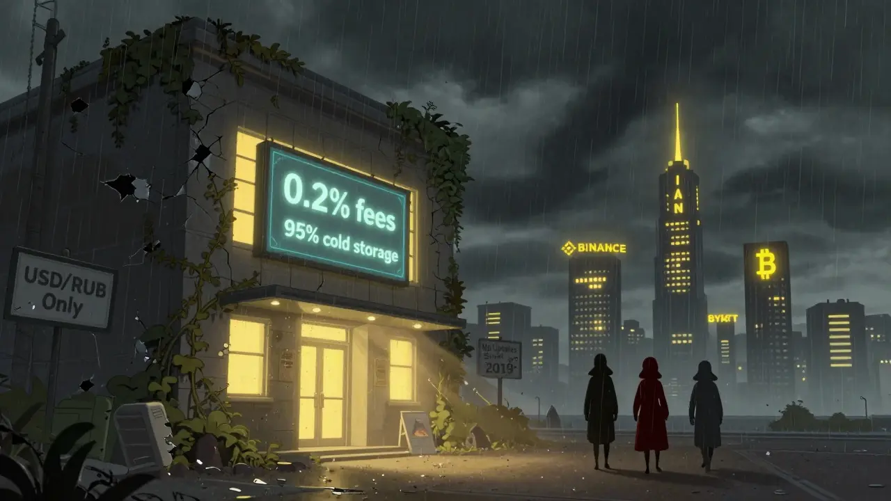 A crumbling Simex exchange building overgrown with vines, while modern crypto platforms glow in the distance.