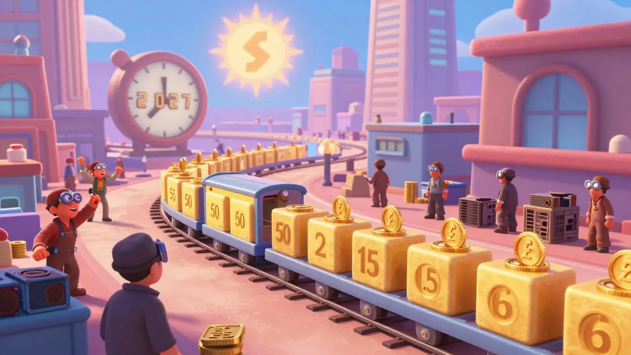 A digital city with Litecoin blocks as trains, miners cheering, and a glowing Scrypt symbol shining above the skyline as the year 2027 approaches.